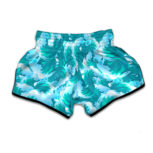 Blue Surfing Wave Pattern Print Muay Thai Boxing Shorts