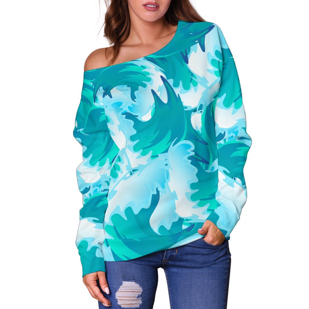 Blue Surfing Wave Pattern Print Off Shoulder Sweatshirt GearFrost