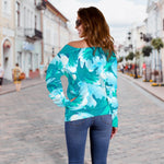 Blue Surfing Wave Pattern Print Off Shoulder Sweatshirt GearFrost