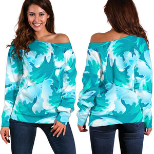 Blue Surfing Wave Pattern Print Off Shoulder Sweatshirt GearFrost