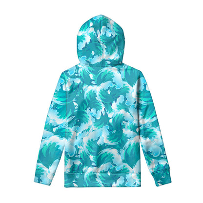 Blue Surfing Wave Pattern Print Pullover Hoodie