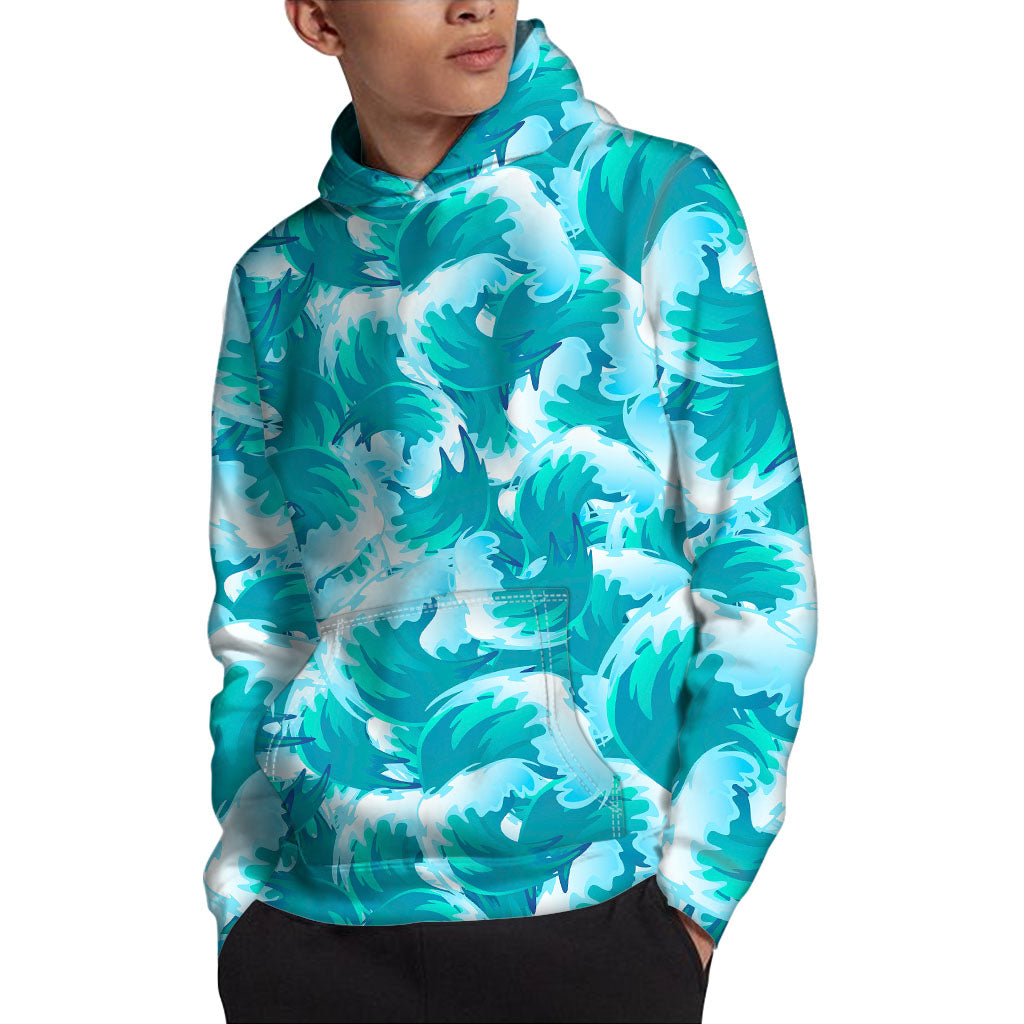 Blue Surfing Wave Pattern Print Pullover Hoodie