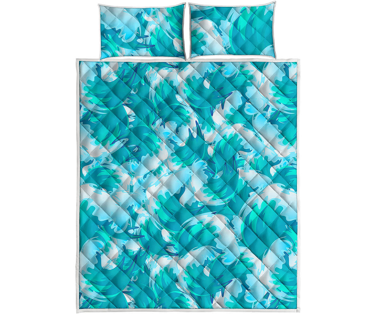Blue Surfing Wave Pattern Print Quilt Bed Set