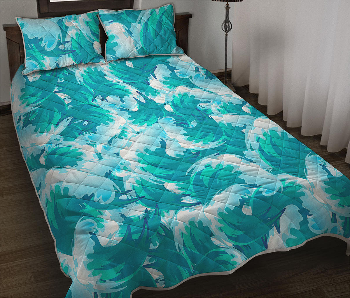 Blue Surfing Wave Pattern Print Quilt Bed Set