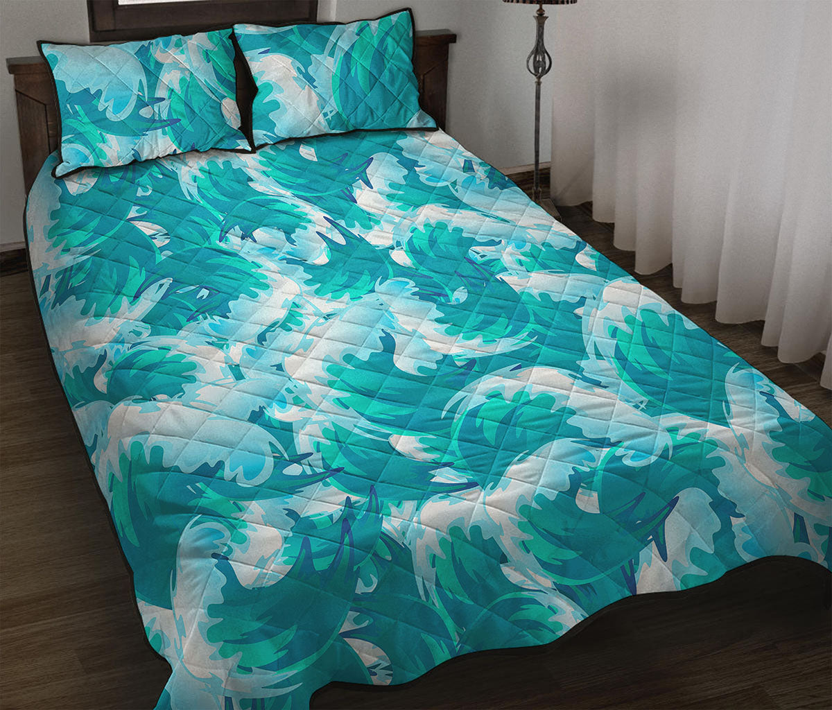 Blue Surfing Wave Pattern Print Quilt Bed Set