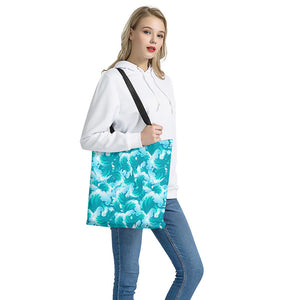 Blue Surfing Wave Pattern Print Tote Bag