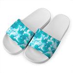 Blue Surfing Wave Pattern Print White Slide Sandals
