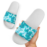 Blue Surfing Wave Pattern Print White Slide Sandals