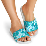 Blue Surfing Wave Pattern Print White Slide Sandals