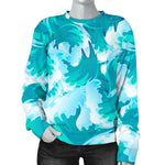 Blue Surfing Wave Pattern Print Women's Crewneck Sweatshirt GearFrost
