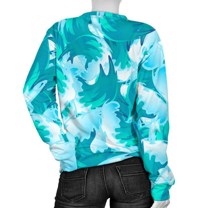 Blue Surfing Wave Pattern Print Women's Crewneck Sweatshirt GearFrost