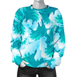 Blue Surfing Wave Pattern Print Women's Crewneck Sweatshirt GearFrost