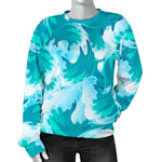 Blue Surfing Wave Pattern Print Women's Crewneck Sweatshirt GearFrost