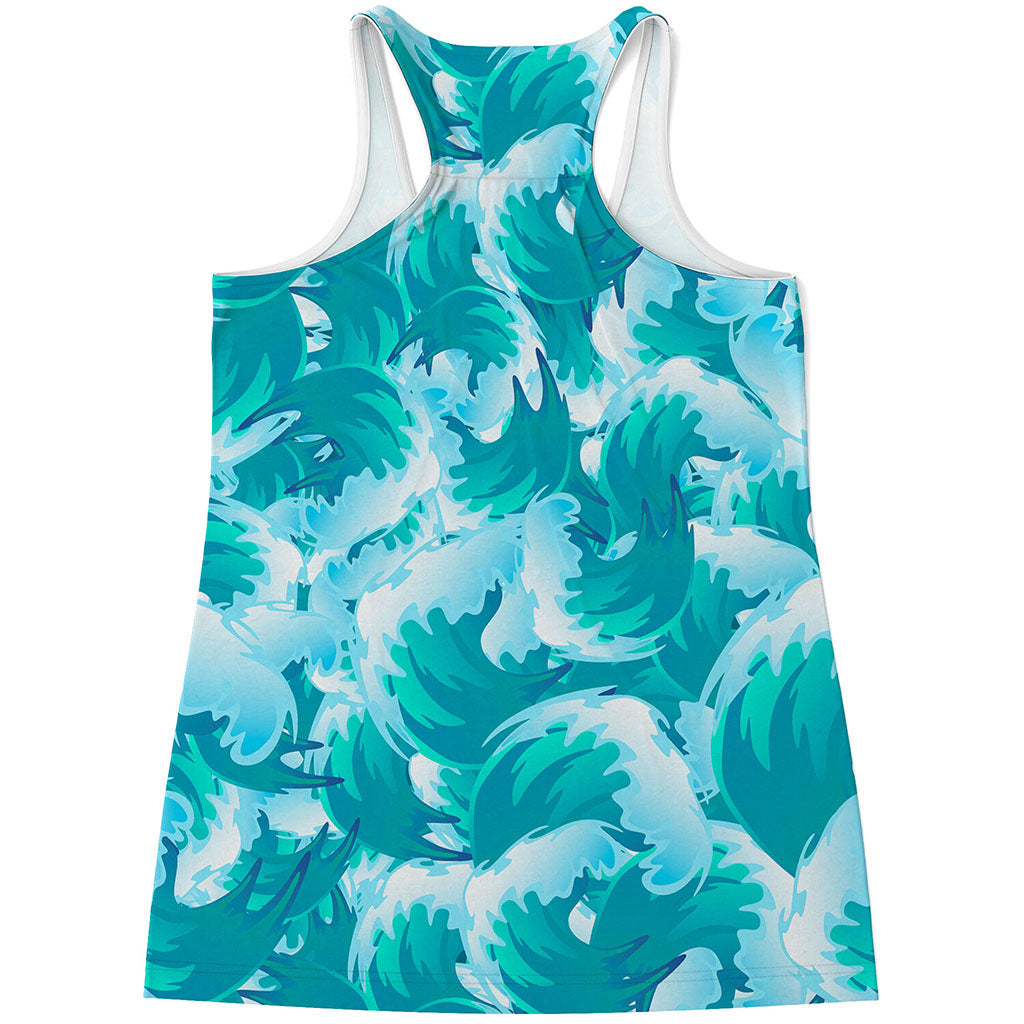 Blue Surfing Wave Pattern Print Women's Racerback Tank Top