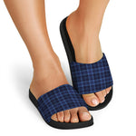 Blue Tartan Pattern Print Black Slide Sandals