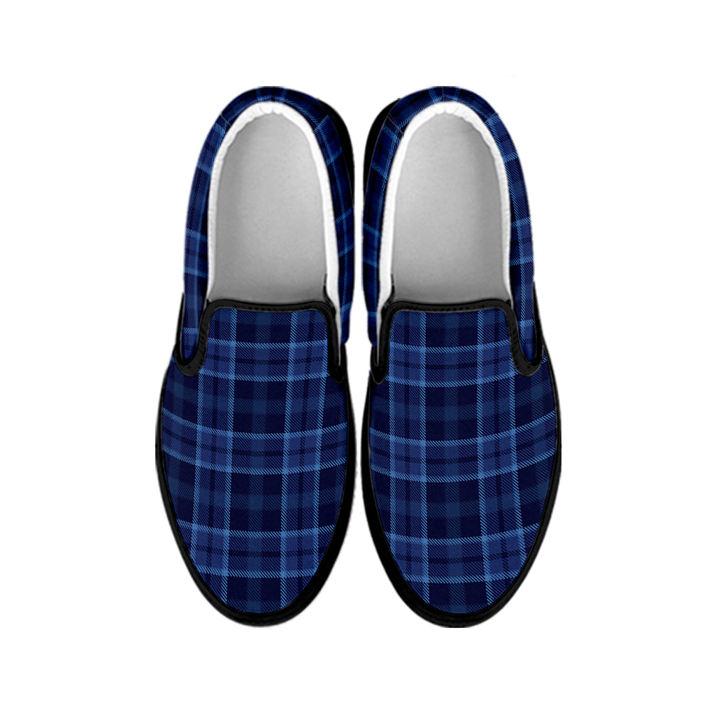 Blue Tartan Pattern Print Black Slip On Shoes