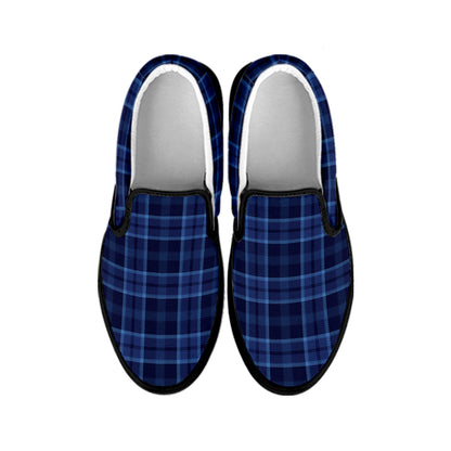 Blue Tartan Pattern Print Black Slip On Shoes