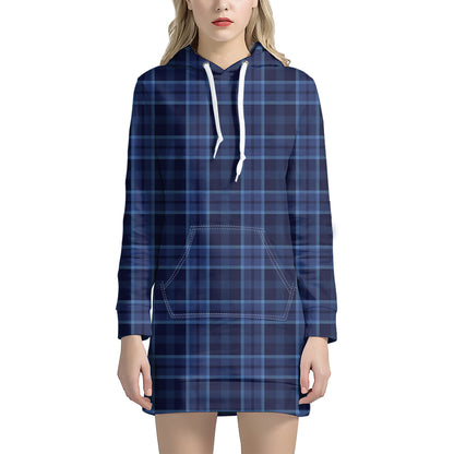 Blue Tartan Pattern Print Hoodie Dress