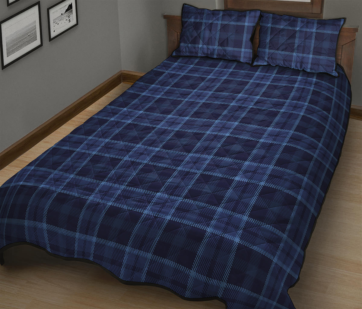 Blue Tartan Pattern Print Quilt Bed Set