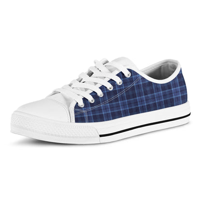 Blue Tartan Pattern Print White Low Top Shoes