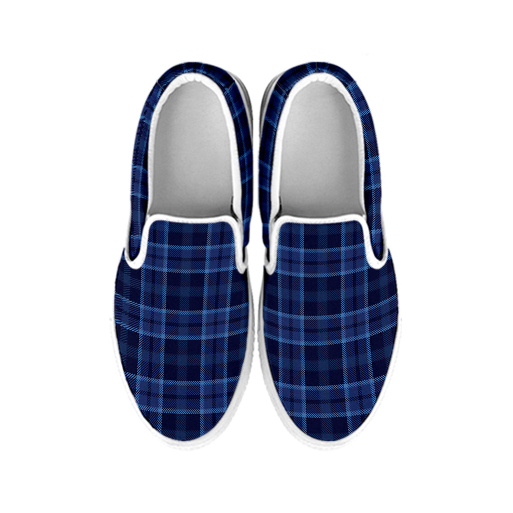 Blue Tartan Pattern Print White Slip On Shoes