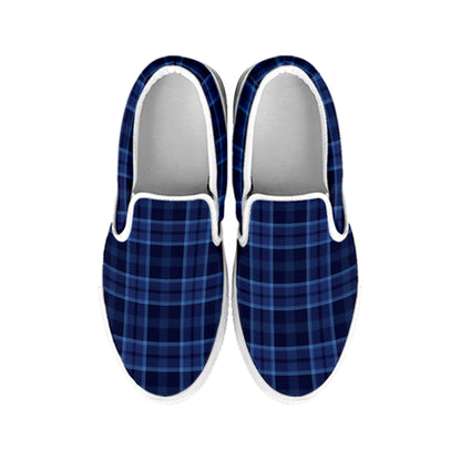 Blue Tartan Pattern Print White Slip On Shoes