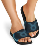 Blue Taurus Zodiac Sign Print Black Slide Sandals