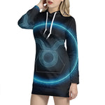 Blue Taurus Zodiac Sign Print Pullover Hoodie Dress