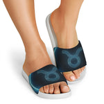 Blue Taurus Zodiac Sign Print White Slide Sandals