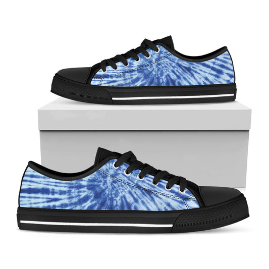 Blue Tie Dye Print Black Low Top Shoes 