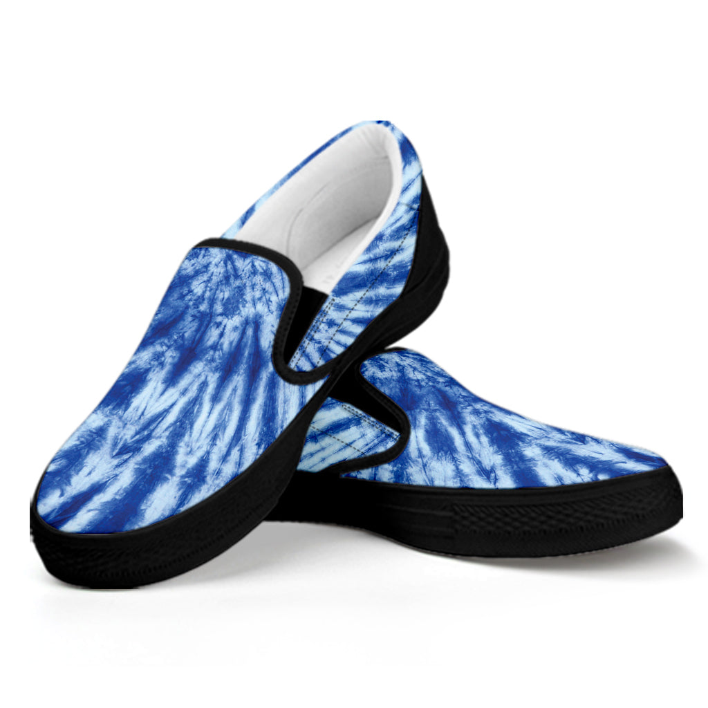 Blue Tie Dye Print Black Slip On Shoes