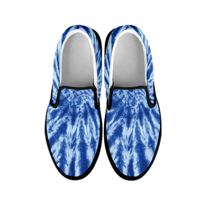 Blue Tie Dye Print Black Slip On Shoes