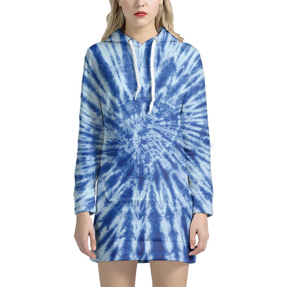 Blue Tie Dye Print Pullover Hoodie Dress