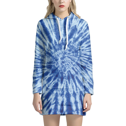Blue Tie Dye Print Pullover Hoodie Dress
