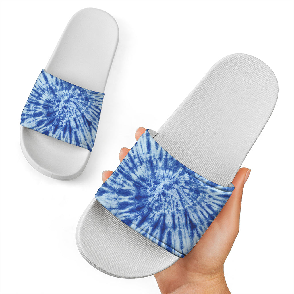 Blue Tie Dye Print White Slide Sandals