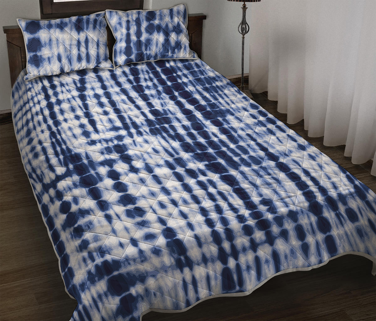 Blue Tie Dye Shibori Print Quilt Bed Set