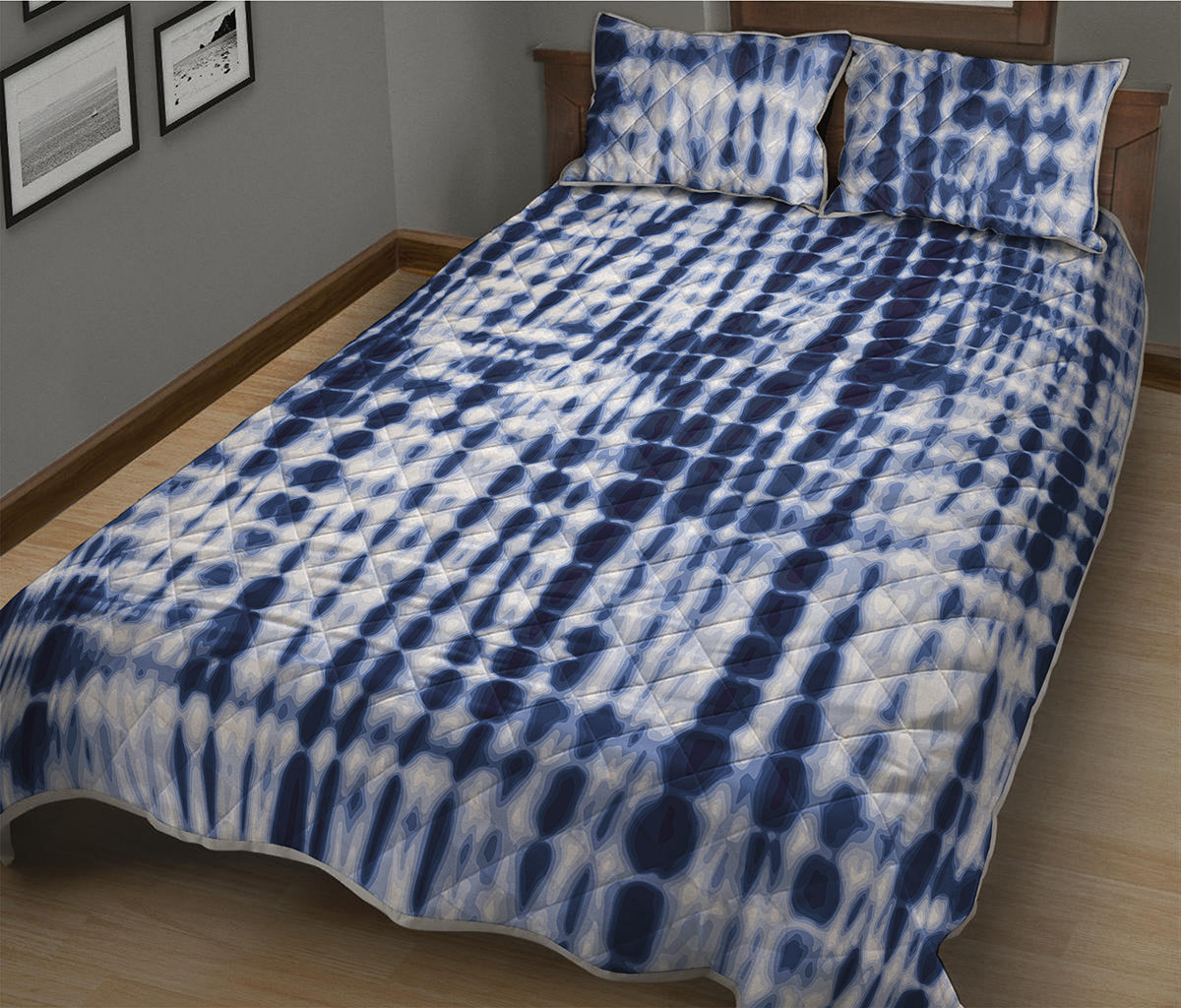 Blue Tie Dye Shibori Print Quilt Bed Set