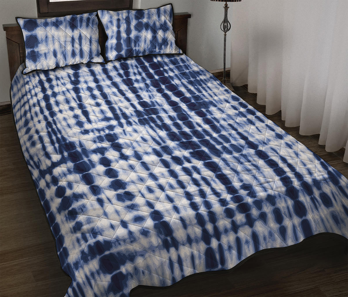 Blue Tie Dye Shibori Print Quilt Bed Set