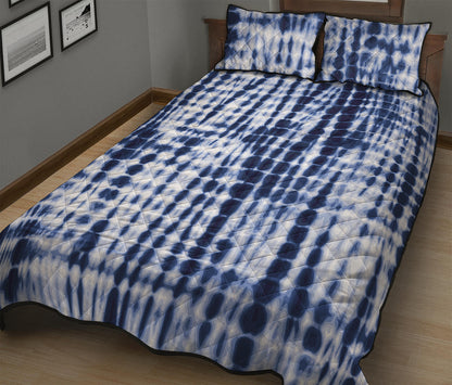 Blue Tie Dye Shibori Print Quilt Bed Set