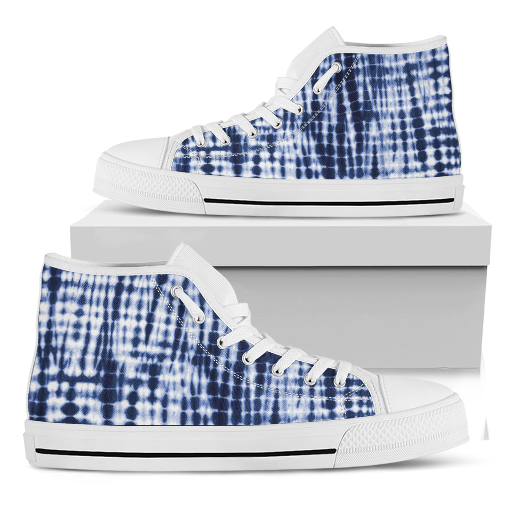 Blue Tie Dye Shibori Print White High Top Shoes