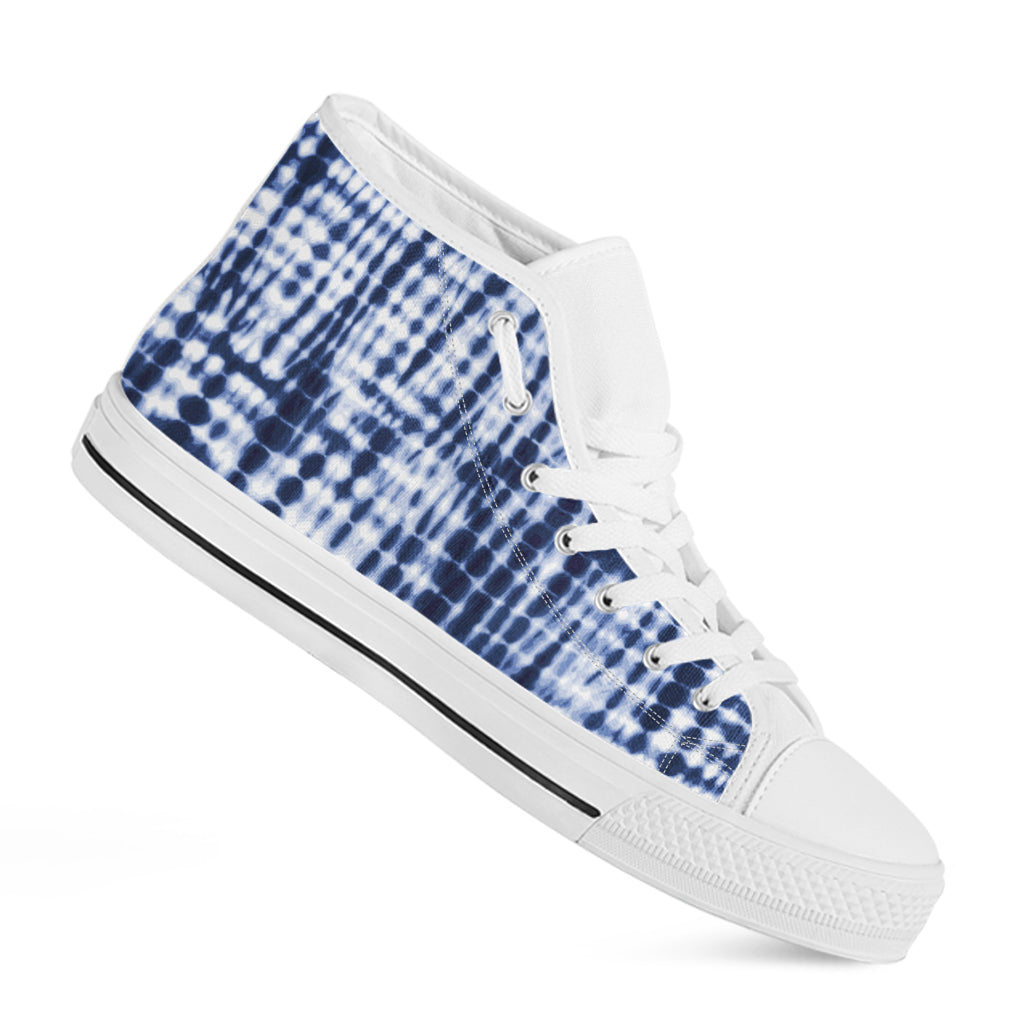 Blue Tie Dye Shibori Print White High Top Shoes