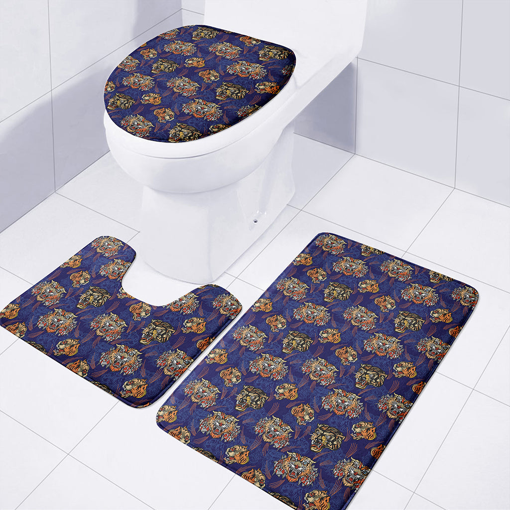 Blue Tiger Tattoo Pattern Print 3 Piece Bath Mat Set