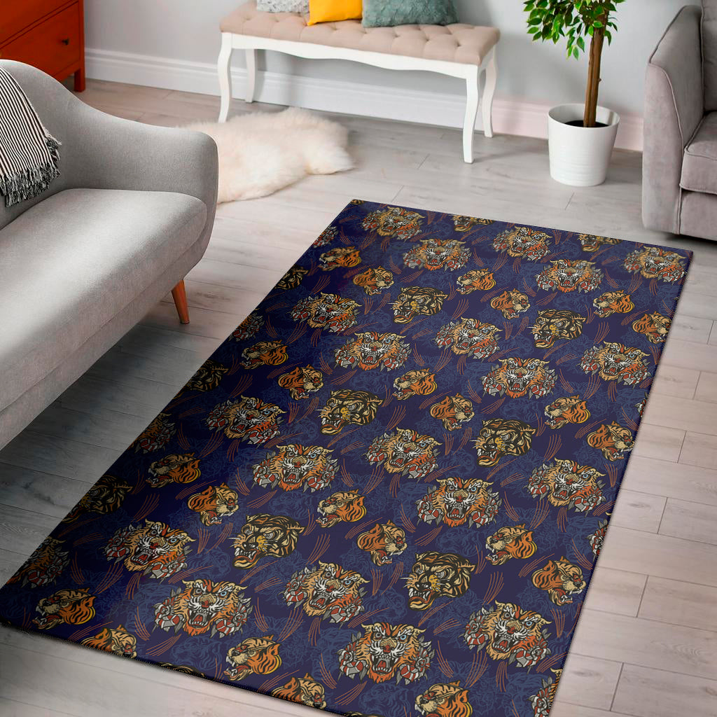 Blue Tiger Tattoo Pattern Print Area Rug