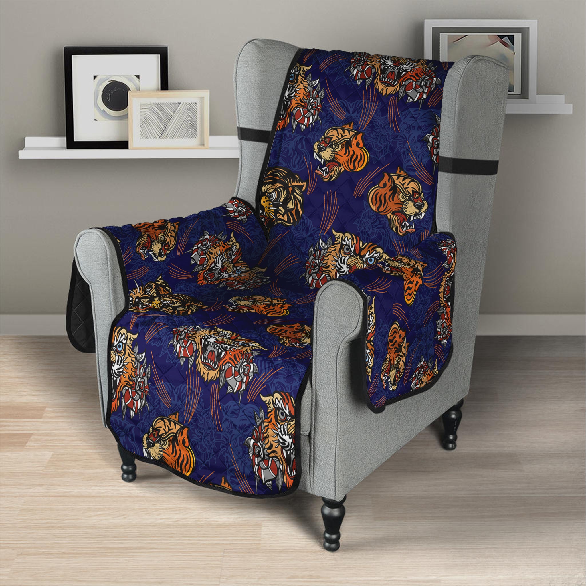 Blue Tiger Tattoo Pattern Print Armchair Protector