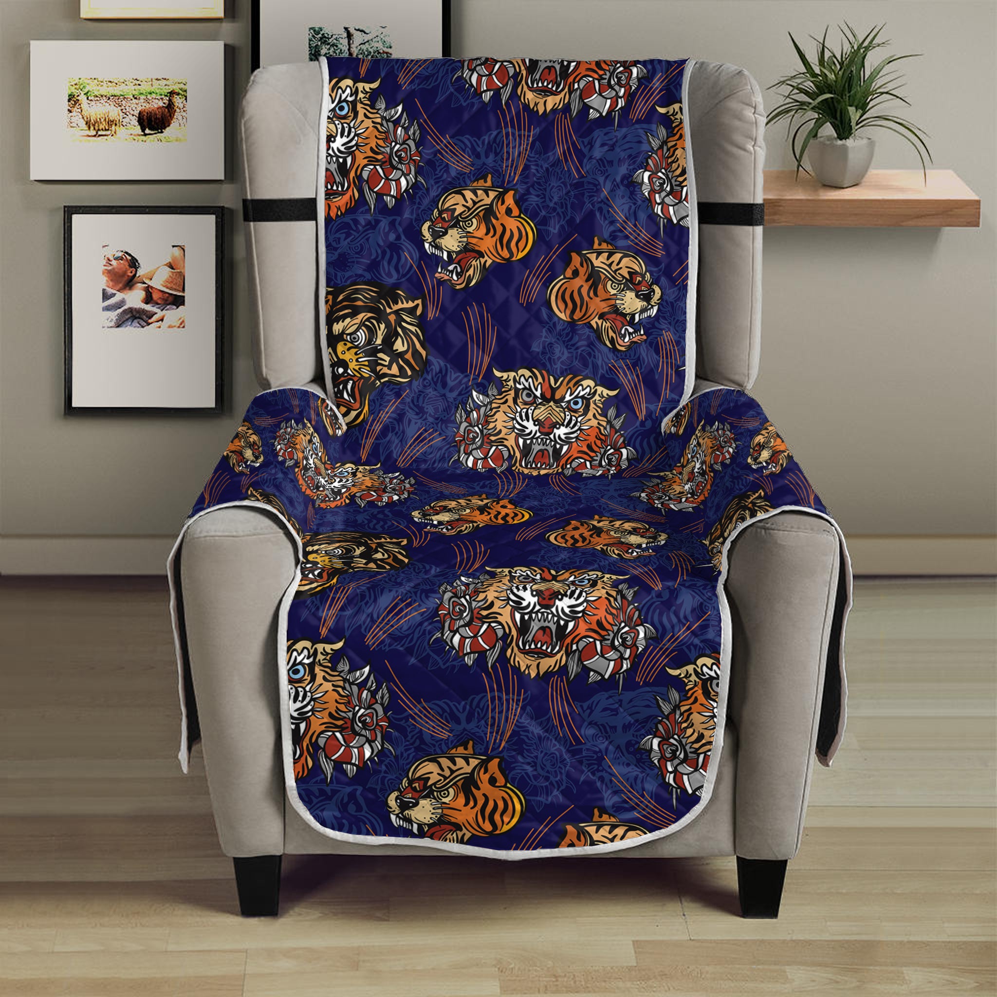 Blue Tiger Tattoo Pattern Print Armchair Protector