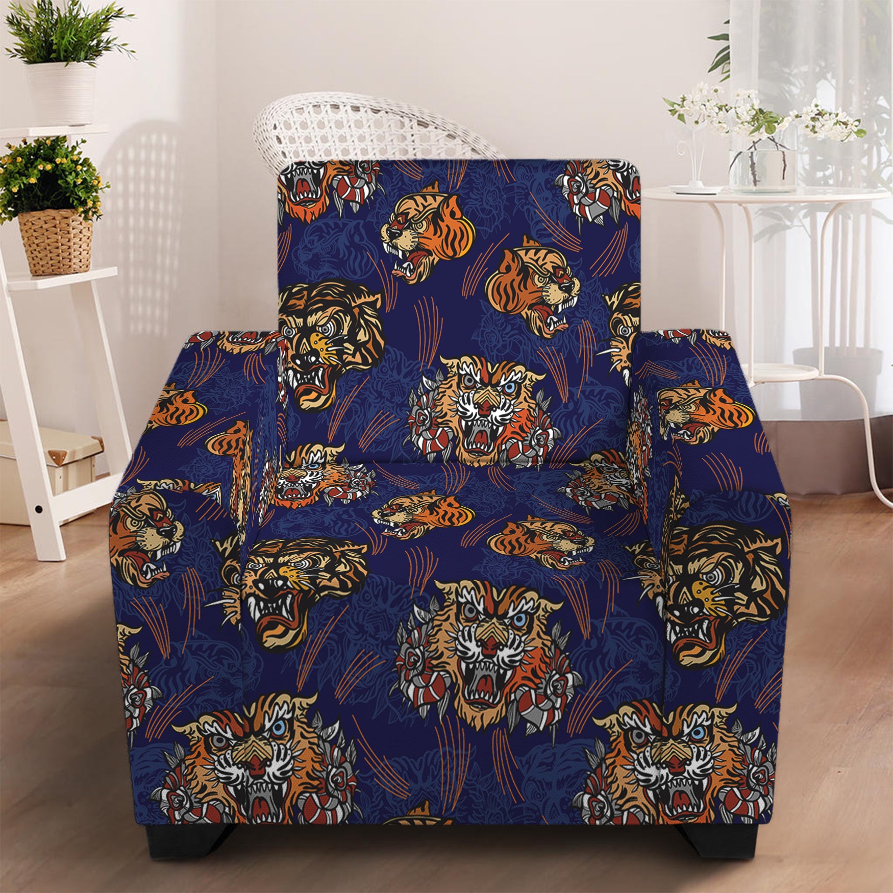 Blue Tiger Tattoo Pattern Print Armchair Slipcover