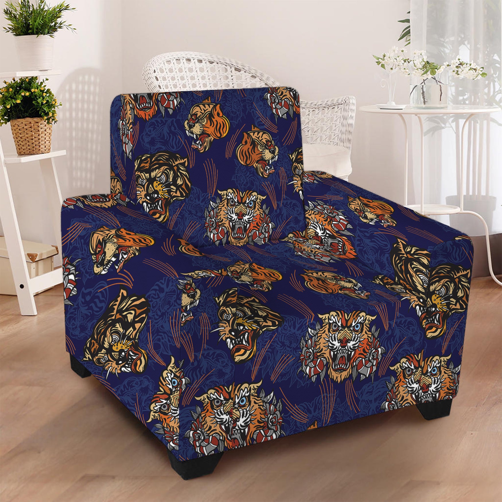 Blue Tiger Tattoo Pattern Print Armchair Slipcover