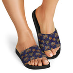 Blue Tiger Tattoo Pattern Print Black Slide Sandals