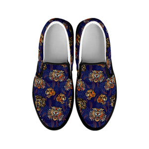 Blue Tiger Tattoo Pattern Print Black Slip On Shoes