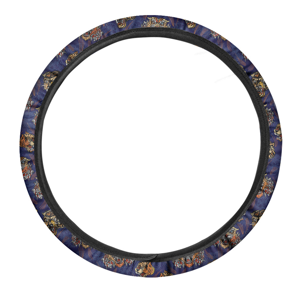 Blue Tiger Tattoo Pattern Print Car Steering Wheel Cover